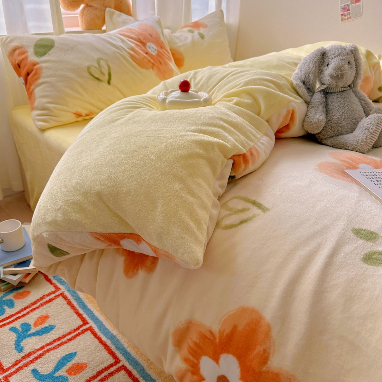 91家纺网 家纺一手货源 找家纺 （总）小叮当家纺仓储工厂店 买家秀 爆款花型2025新款200克牛奶绒小清新卡通复古风四件套