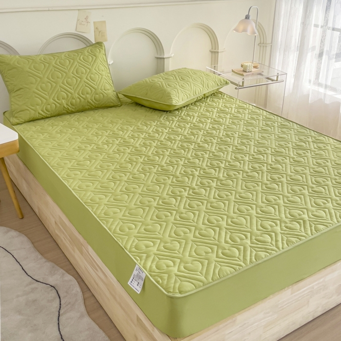 91家纺网 家纺一手货源 找家纺 亨通家纺 2025新款A类爱心磨毛防水夹棉床笠 爱心-芥末绿