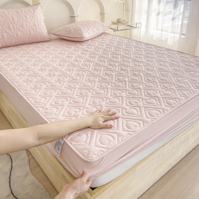 亨通家纺 2025新款A类爱心磨毛防水夹棉床笠 爱心-樱花粉