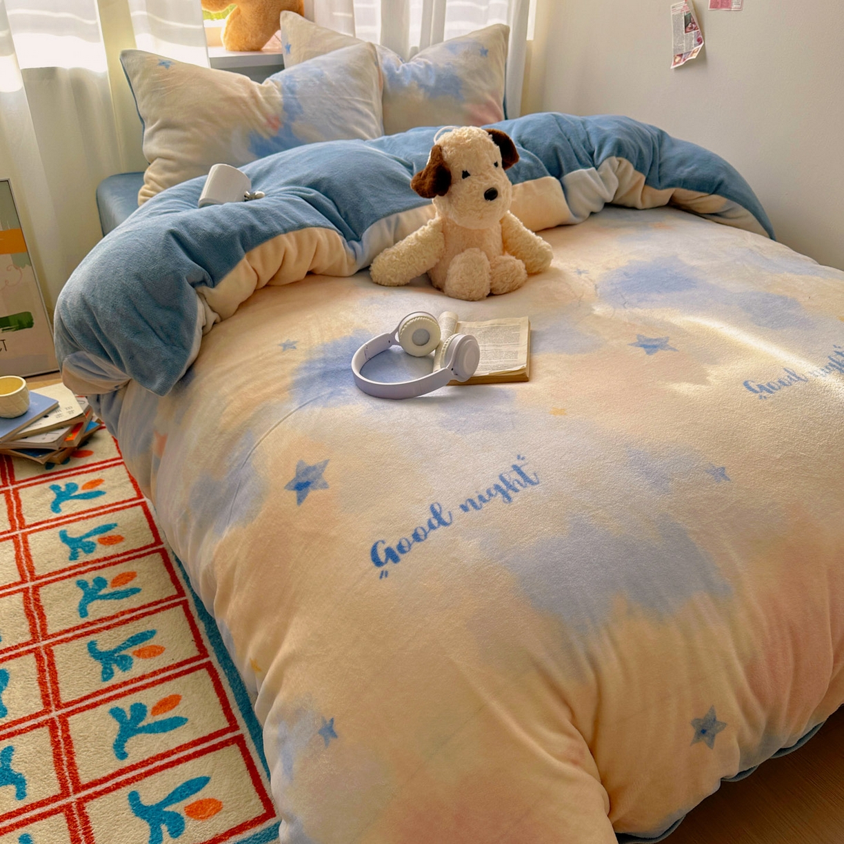 91家纺网 家纺一手货源 找家纺 （总）小叮当家纺仓储工厂店 买家秀 爆款花型2025新款200克牛奶绒小清新卡通复古风四件套