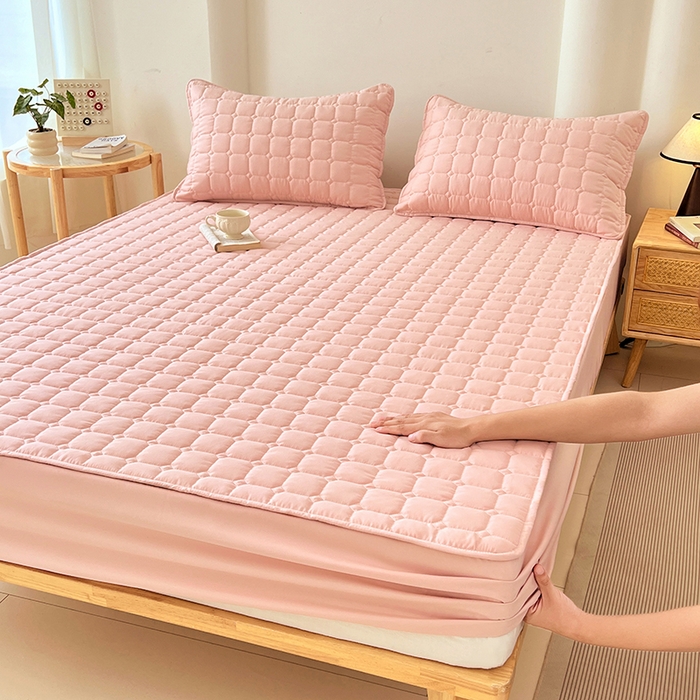 亨通家纺 2025新款A类格子磨毛防水夹棉床笠 格子夹棉-粉色