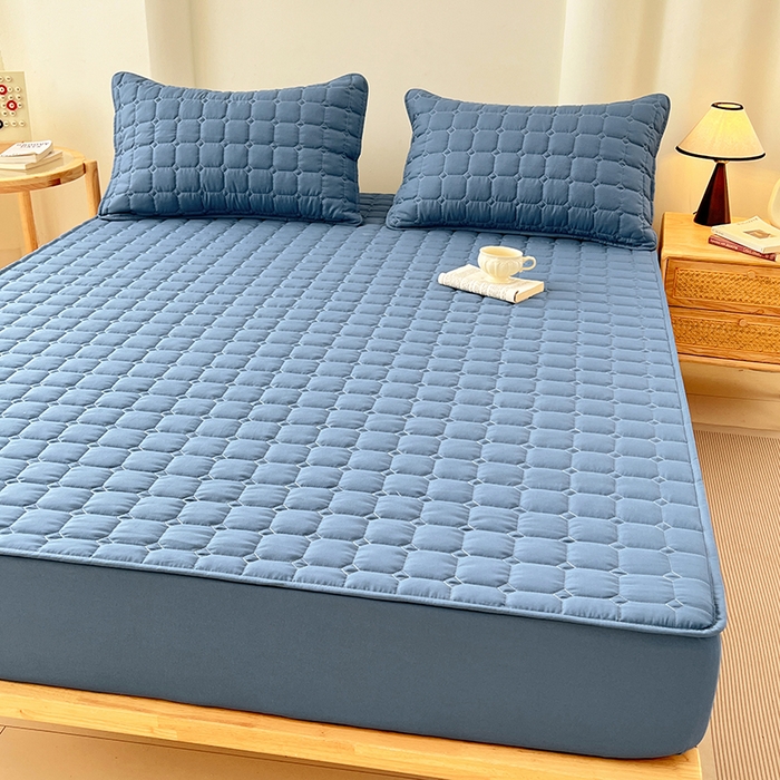 91家纺网 家纺一手货源 找家纺 亨通家纺 2025新款A类格子磨毛防水夹棉床笠 格子夹棉-蓝色