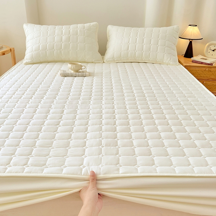 91家纺网 家纺一手货源 找家纺 亨通家纺 2025新款A类格子磨毛防水夹棉床笠 格子夹棉-米白