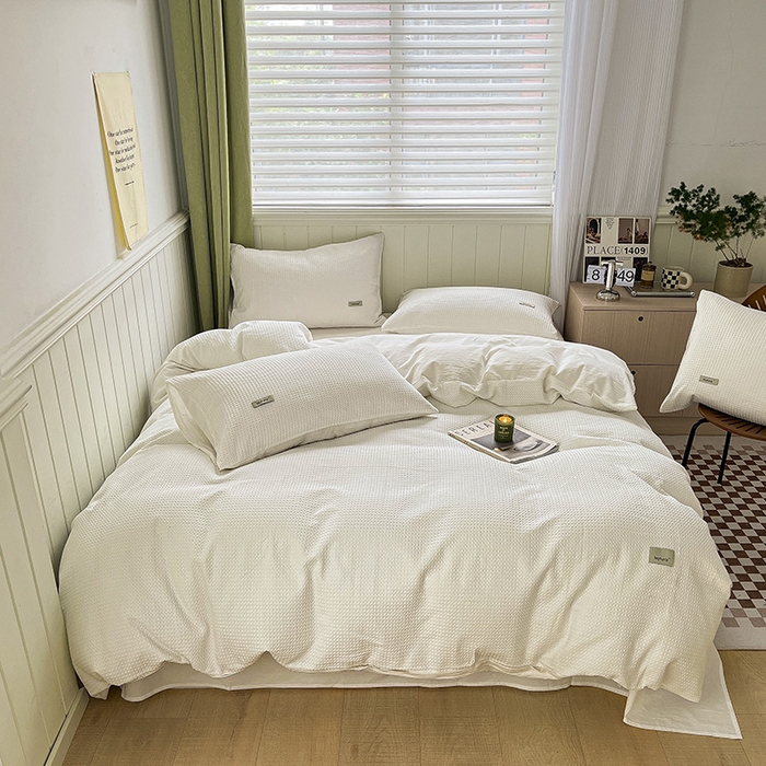 91家纺网 家纺一手货源 找家纺 琪格格纺织 2025新款纯棉华夫格极简宅寂风四件套 华夫格-本白