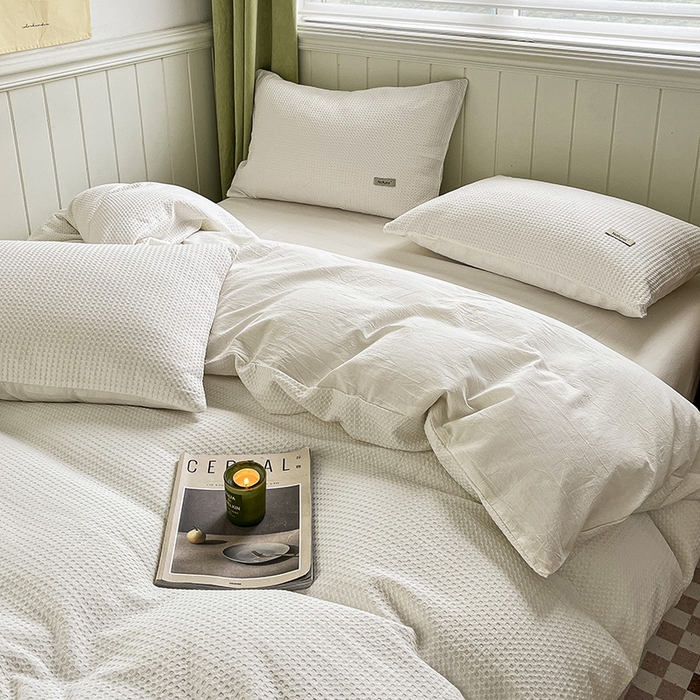 91家纺网 家纺一手货源 找家纺 琪格格纺织 2025新款纯棉华夫格极简宅寂风四件套 华夫格-本白