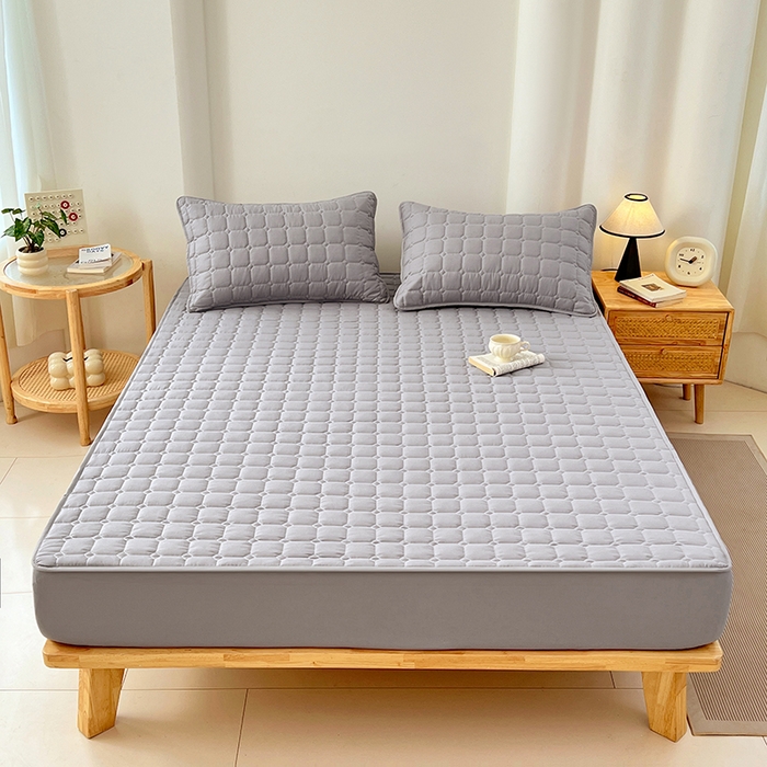 91家纺网 家纺一手货源 找家纺 亨通家纺 2025新款A类格子磨毛防水夹棉床笠 格子夹棉-浅灰