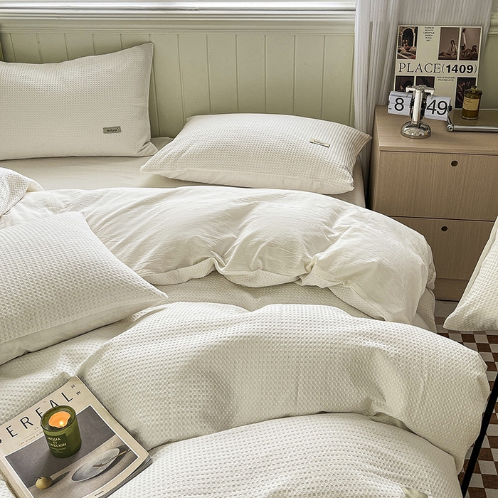 91家纺网 家纺一手货源 找家纺 琪格格纺织 2025新款纯棉华夫格极简宅寂风四件套 华夫格-本白