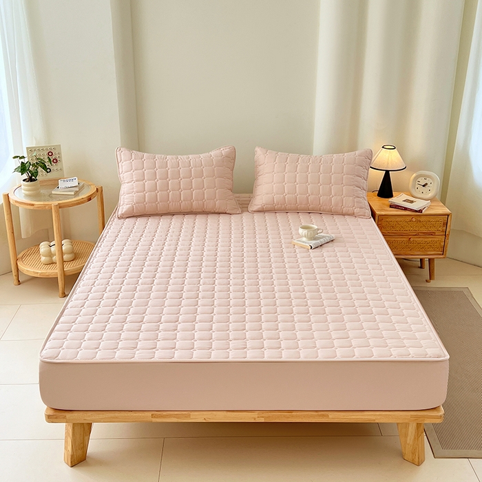 91家纺网 家纺一手货源 找家纺 亨通家纺 2025新款A类格子磨毛防水夹棉床笠 格子夹棉-玉色