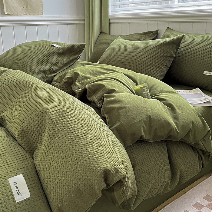 琪格格纺织 2025新款纯棉华夫格极简宅寂风四件套 华夫格-橄榄绿