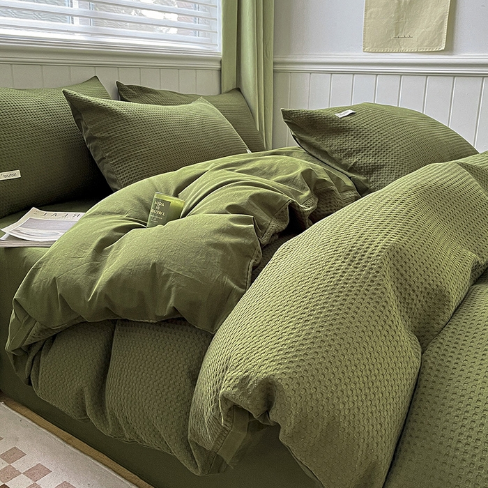 91家纺网 家纺一手货源 找家纺 琪格格纺织 2025新款纯棉华夫格极简宅寂风四件套 华夫格-橄榄绿