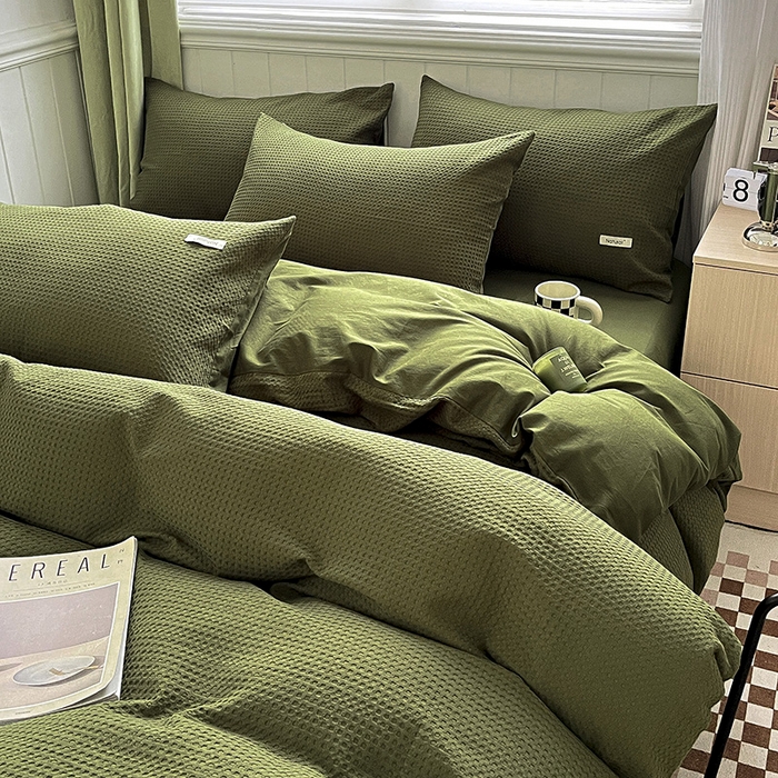 91家纺网 家纺一手货源 找家纺 琪格格纺织 2025新款纯棉华夫格极简宅寂风四件套 华夫格-橄榄绿