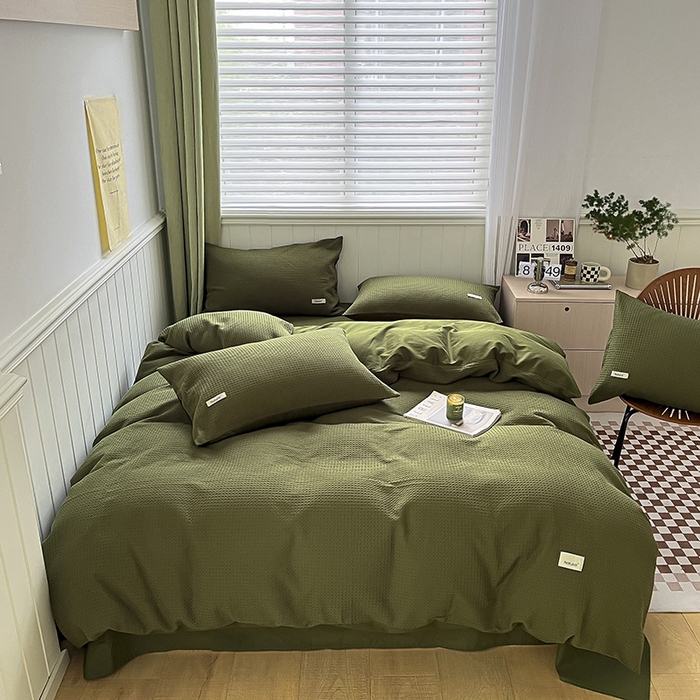 91家纺网 家纺一手货源 找家纺 琪格格纺织 2025新款纯棉华夫格极简宅寂风四件套 华夫格-橄榄绿
