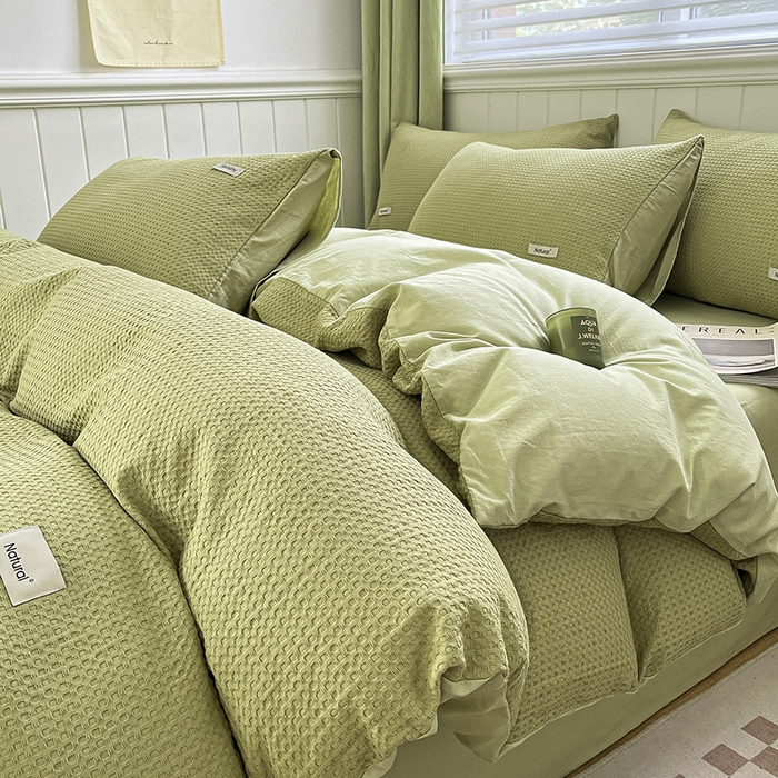 琪格格纺织 2025新款纯棉华夫格极简宅寂风四件套 华夫格-黄绿色