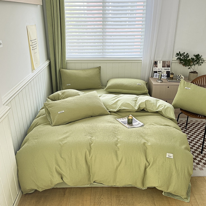 91家纺网 家纺一手货源 找家纺 琪格格纺织 2025新款纯棉华夫格极简宅寂风四件套 华夫格-黄绿色