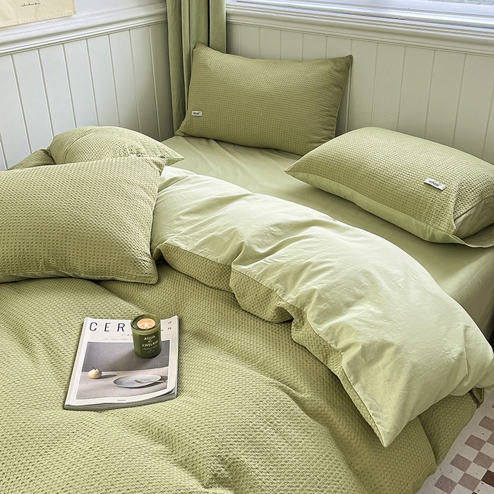 91家纺网 家纺一手货源 找家纺 琪格格纺织 2025新款纯棉华夫格极简宅寂风四件套 华夫格-黄绿色
