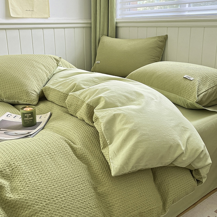 91家纺网 家纺一手货源 找家纺 琪格格纺织 2025新款纯棉华夫格极简宅寂风四件套 华夫格-黄绿色