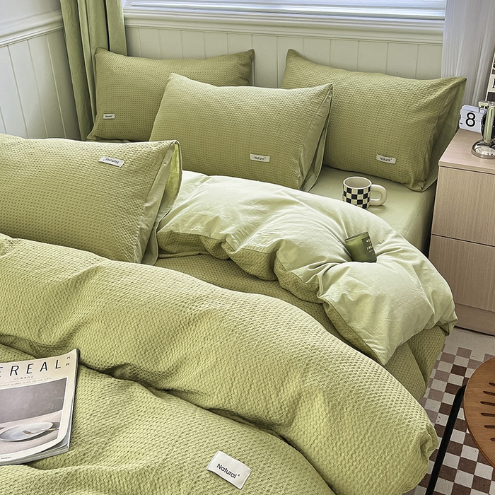 91家纺网 家纺一手货源 找家纺 琪格格纺织 2025新款纯棉华夫格极简宅寂风四件套 华夫格-黄绿色