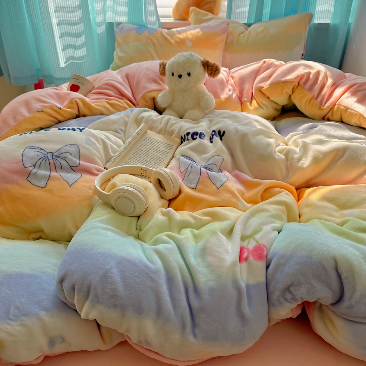 91家纺网 家纺一手货源 找家纺 小叮当家纺仓储工厂店 买家秀 爆款花型2025新款200克牛奶绒小清新卡通复古风四件套 彩虹草莓