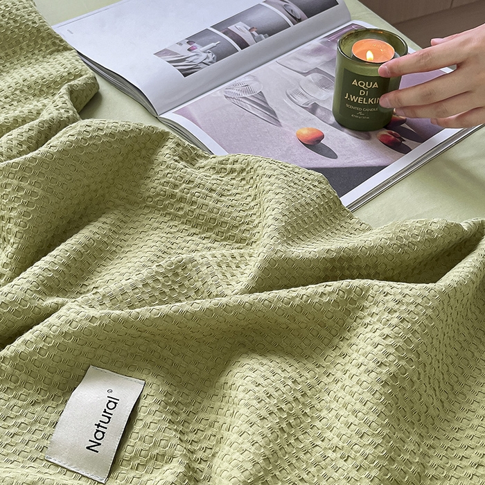 91家纺网 家纺一手货源 找家纺 琪格格纺织 2025新款纯棉华夫格极简宅寂风四件套 华夫格-黄绿色