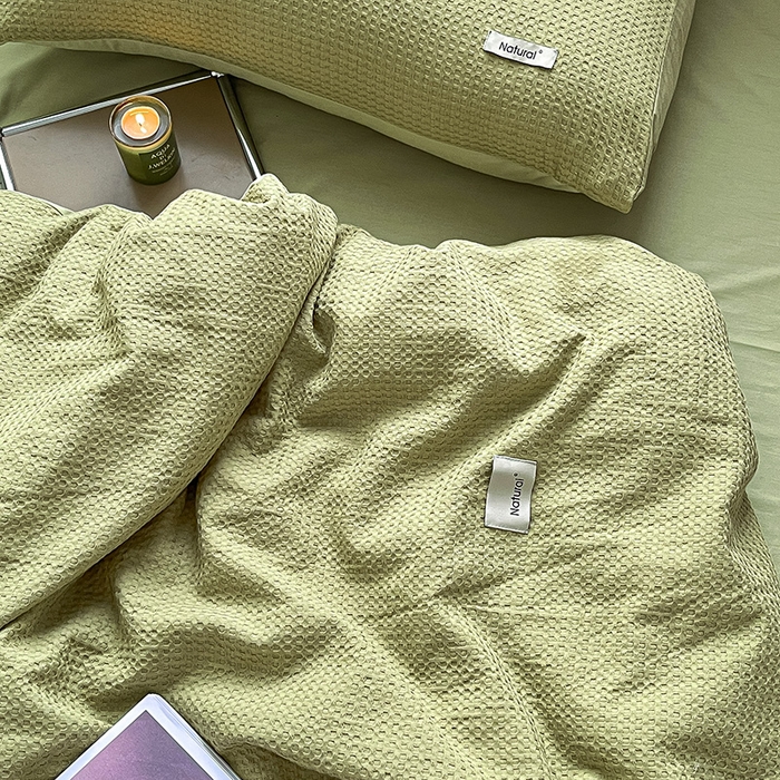91家纺网 家纺一手货源 找家纺 琪格格纺织 2025新款纯棉华夫格极简宅寂风四件套 华夫格-黄绿色