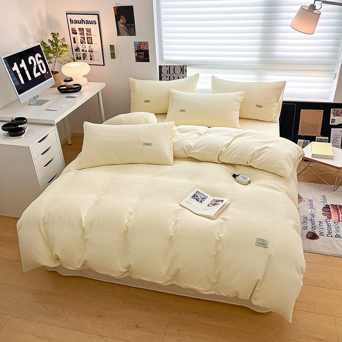 91家纺网 家纺一手货源 找家纺 琪格格纺织 2025新款纯棉华夫格极简宅寂风四件套 华夫格-奶昔黄