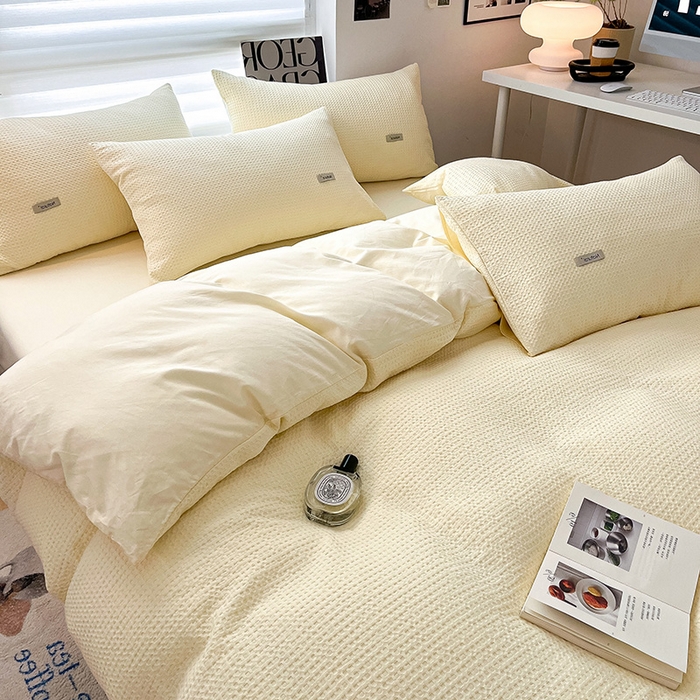 91家纺网 家纺一手货源 找家纺 琪格格纺织 2025新款纯棉华夫格极简宅寂风四件套 华夫格-奶昔黄