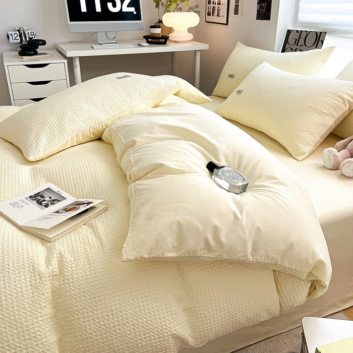 91家纺网 家纺一手货源 找家纺 琪格格纺织 2025新款纯棉华夫格极简宅寂风四件套 华夫格-奶昔黄