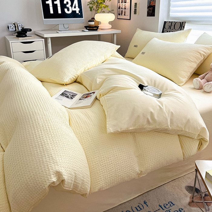 91家纺网 家纺一手货源 找家纺 琪格格纺织 2025新款纯棉华夫格极简宅寂风四件套 华夫格-奶昔黄
