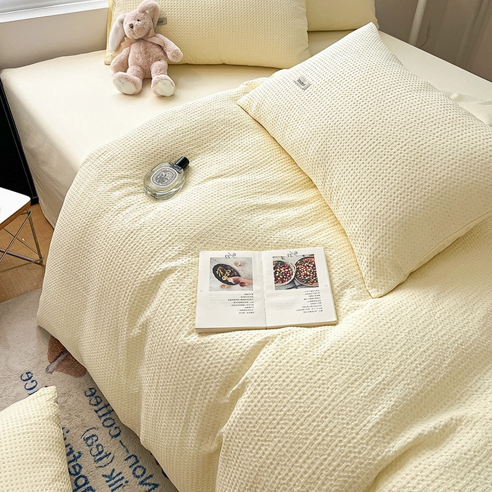 91家纺网 家纺一手货源 找家纺 琪格格纺织 2025新款纯棉华夫格极简宅寂风四件套 华夫格-奶昔黄