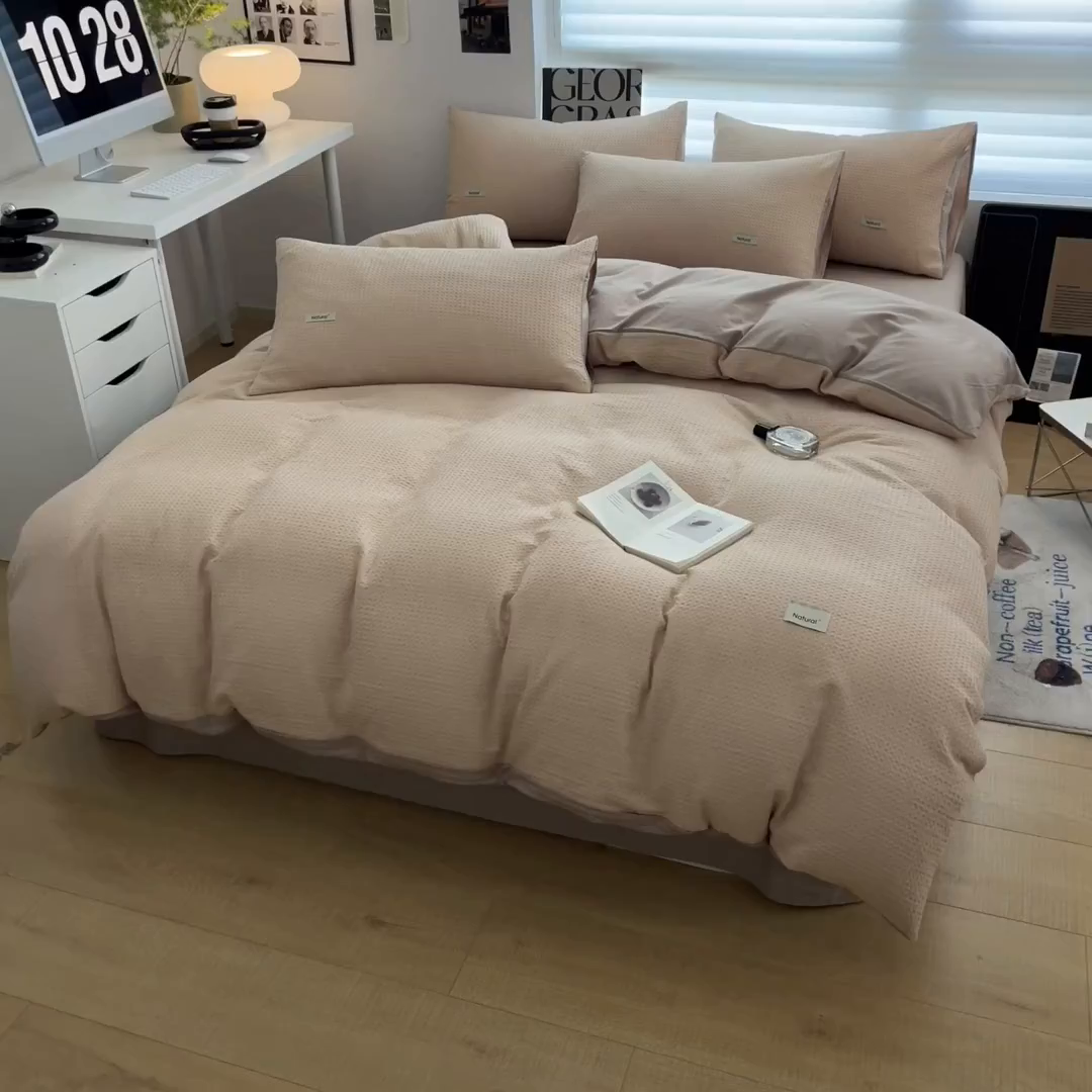 91家纺网 家纺一手货源 找家纺 琪格格纺织 2025新款纯棉华夫格极简宅寂风四件套 华夫格-奶昔黄