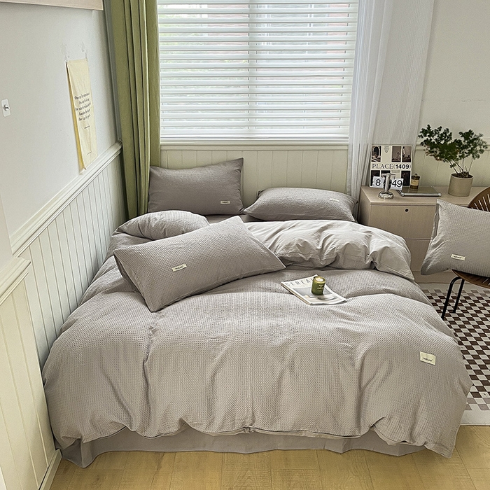 91家纺网 家纺一手货源 找家纺 琪格格纺织 2025新款纯棉华夫格极简宅寂风四件套 华夫格-月光灰