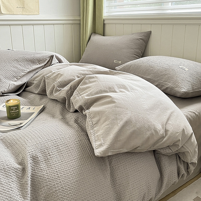 91家纺网 家纺一手货源 找家纺 琪格格纺织 2025新款纯棉华夫格极简宅寂风四件套 华夫格-月光灰