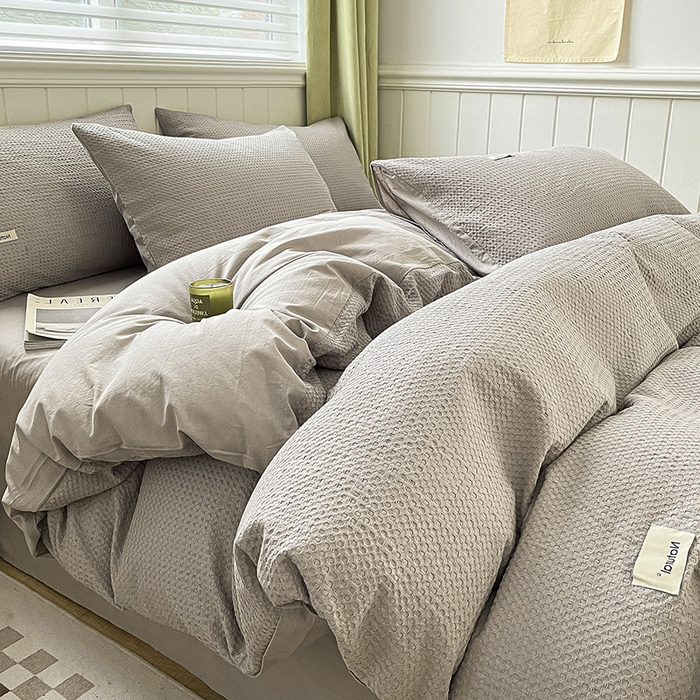 91家纺网 家纺一手货源 找家纺 琪格格纺织 2025新款纯棉华夫格极简宅寂风四件套 华夫格-月光灰