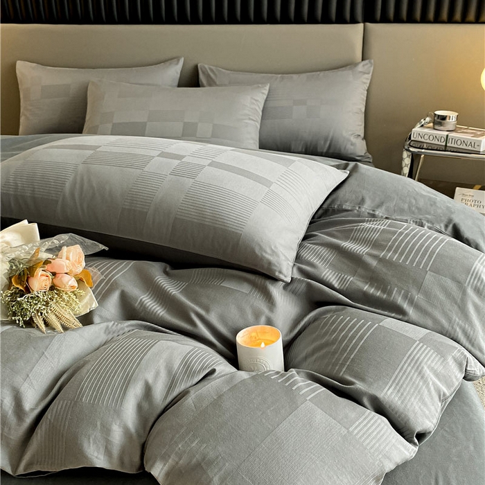 91家纺网 家纺一手货源 找家纺 琪格格纺织 2025新款纯棉轻奢大提花酒店名宿风家纺四件套 原棉大提花-摩登灰