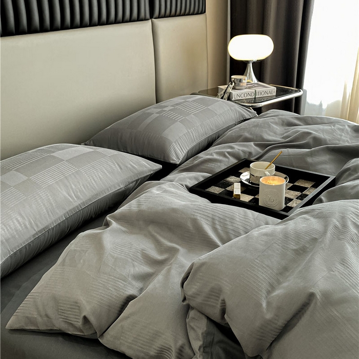 91家纺网 家纺一手货源 找家纺 琪格格纺织 2025新款纯棉轻奢大提花酒店名宿风家纺四件套 原棉大提花-摩登灰