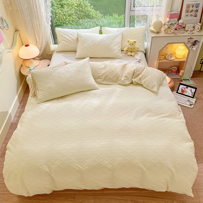 91家纺网 家纺一手货源 找家纺 琪格格纺织 2025新款纯棉华夫格极简宅寂风四件套 泡泡纱 纯米白