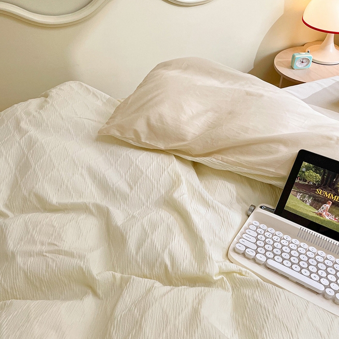 91家纺网 家纺一手货源 找家纺 琪格格纺织 2025新款纯棉华夫格极简宅寂风四件套 泡泡纱 纯米白