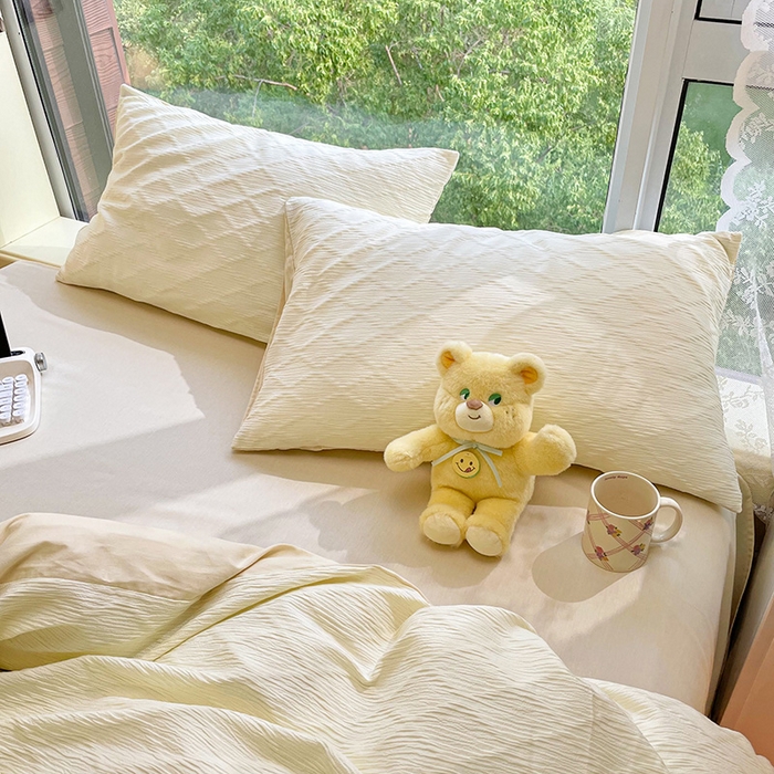 91家纺网 家纺一手货源 找家纺 琪格格纺织 2025新款纯棉华夫格极简宅寂风四件套 泡泡纱 纯米白