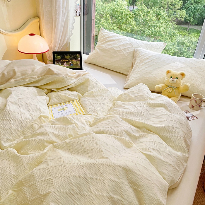 91家纺网 家纺一手货源 找家纺 琪格格纺织 2025新款纯棉华夫格极简宅寂风四件套 泡泡纱 纯米白