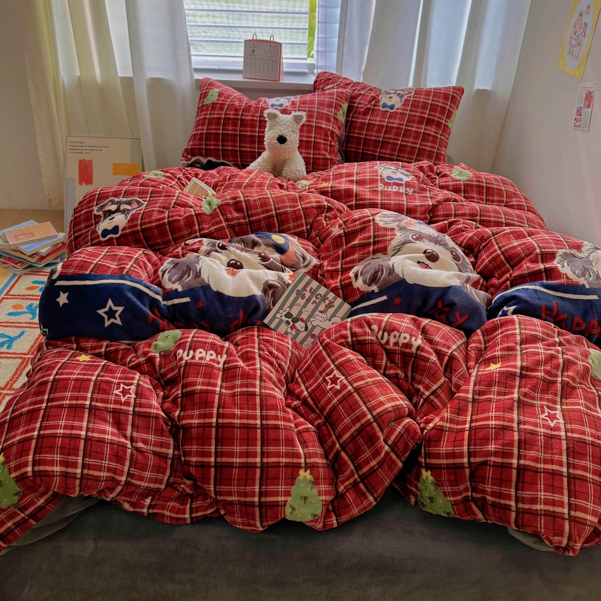 91家纺网 家纺一手货源 找家纺 小叮当家纺仓储工厂店 买家秀 爆款花型2025新款200克牛奶绒小清新卡通复古风四件套 红格西高地