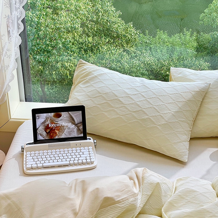 91家纺网 家纺一手货源 找家纺 琪格格纺织 2025新款纯棉华夫格极简宅寂风四件套 泡泡纱 纯米白