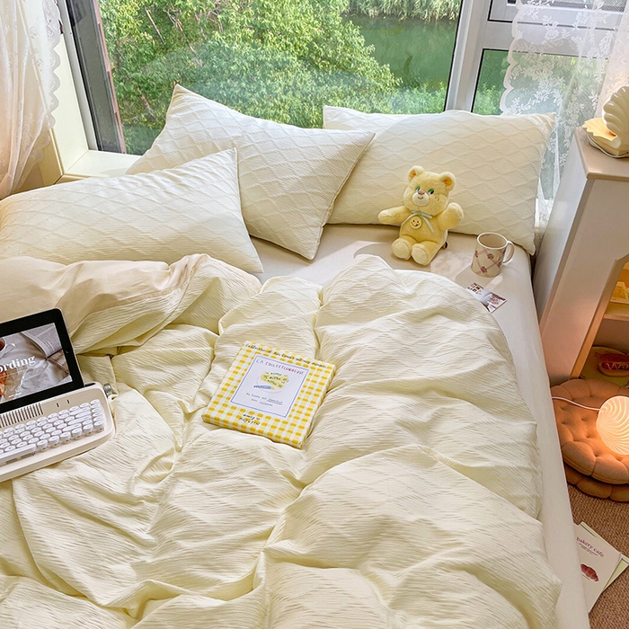 91家纺网 家纺一手货源 找家纺 琪格格纺织 2025新款纯棉华夫格极简宅寂风四件套 泡泡纱 纯米白