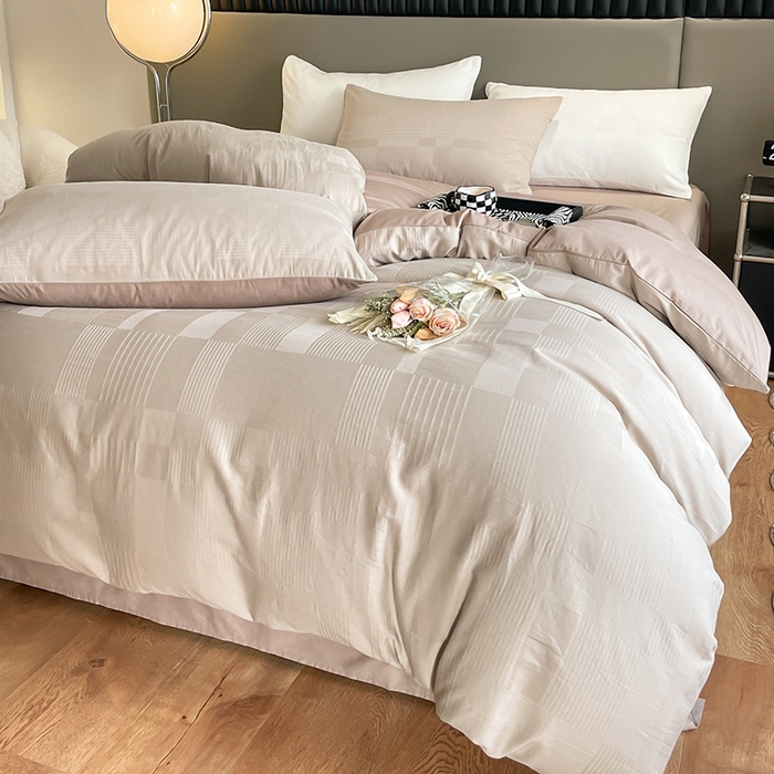 91家纺网 家纺一手货源 找家纺 琪格格纺织 2025新款纯棉轻奢大提花酒店名宿风家纺四件套 原棉大提花卡其棕