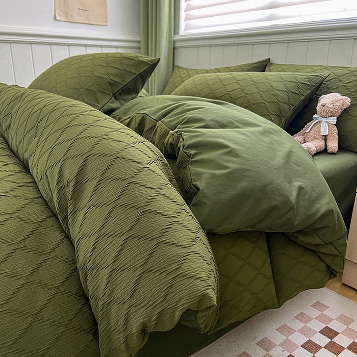 琪格格纺织 2025新款纯棉华夫格极简宅寂风四件套 泡泡纱橄榄绿