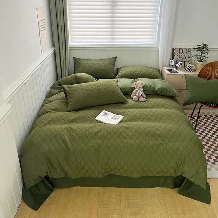 91家纺网 家纺一手货源 找家纺 琪格格纺织 2025新款纯棉华夫格极简宅寂风四件套 泡泡纱橄榄绿