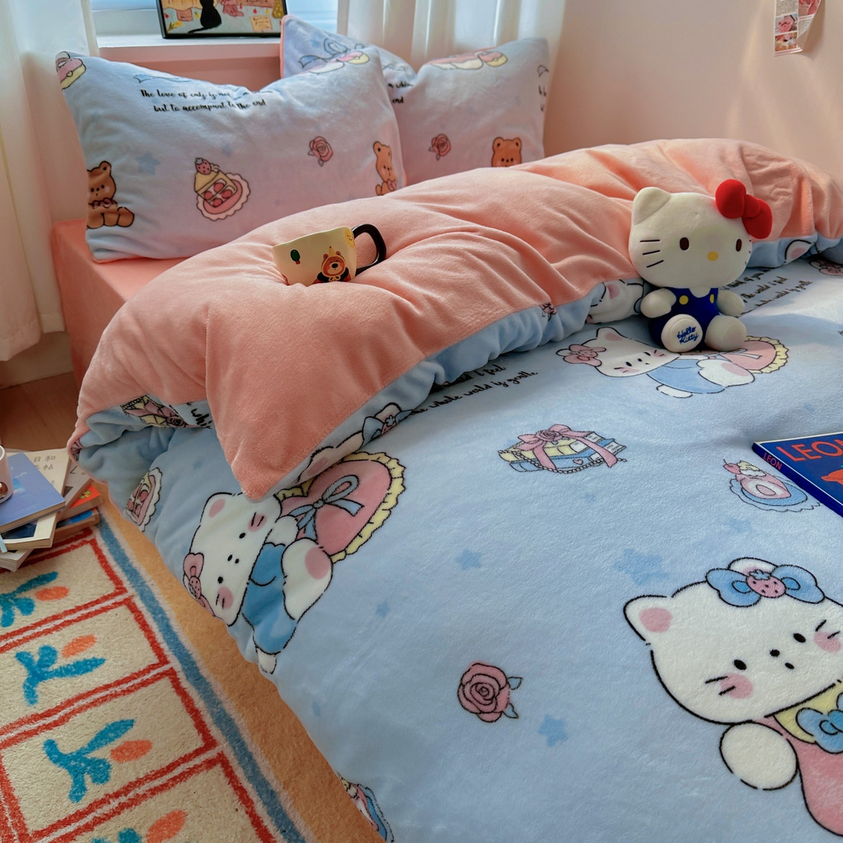 91家纺网 家纺一手货源 找家纺 小叮当家纺仓储工厂店 买家秀 爆款花型2025新款200克牛奶绒小清新卡通复古风四件套 蝴蝶结kt