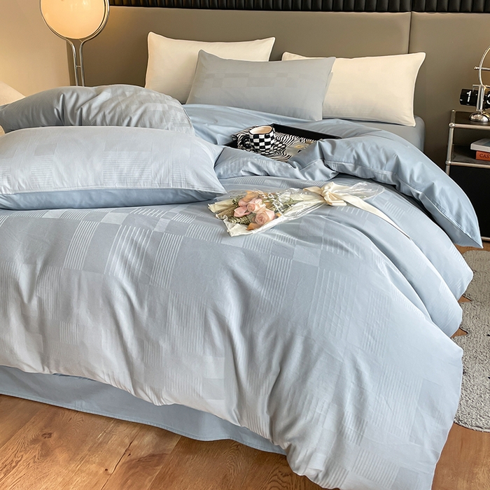 91家纺网 家纺一手货源 找家纺 琪格格纺织 2025新款纯棉轻奢大提花酒店名宿风家纺四件套 原棉大提花浅蓝