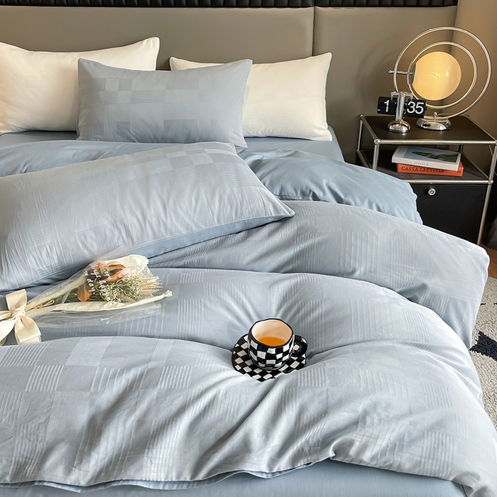 91家纺网 家纺一手货源 找家纺 琪格格纺织 2025新款纯棉轻奢大提花酒店名宿风家纺四件套 原棉大提花浅蓝