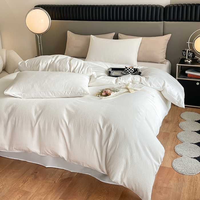 91家纺网 家纺一手货源 找家纺 琪格格纺织 2025新款纯棉轻奢大提花酒店名宿风家纺四件套 原棉小提花本白