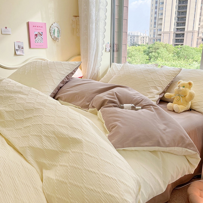 琪格格纺织 2025新款纯棉华夫格极简宅寂风四件套 泡泡纱米白VS奶咖